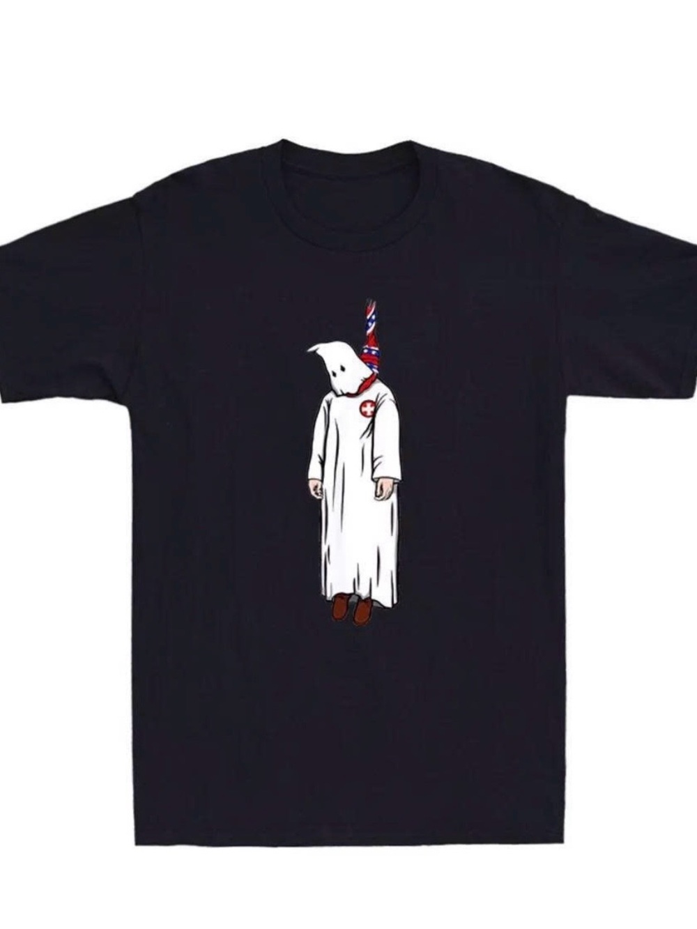 Black Tee with White Hooded Figure and Red/Blue Accents